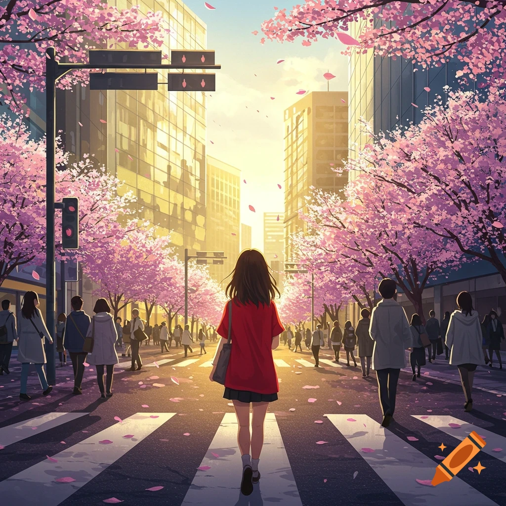 Anime girl in a red shirt walking on a city street lined with pink cherry blossoms at sunset, with other pedestrians.