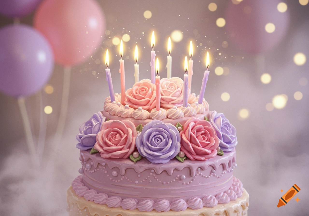 A three-tier pink and purple birthday cake adorned with frosting roses and eight lit candles, with blurred balloons and bokeh lights in the background.