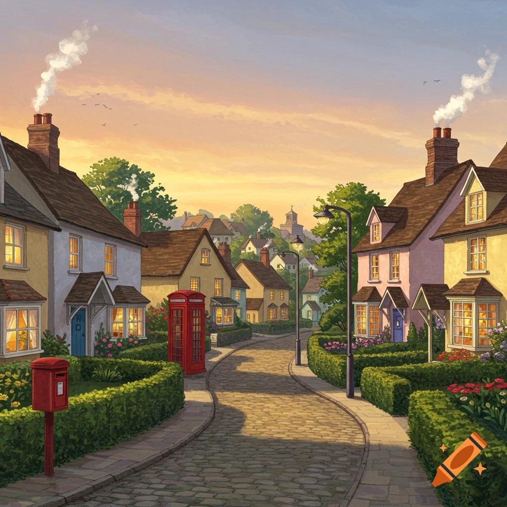 A cozy painting of a small village street lined with cottages, a red phone booth, and a red mailbox at sunset.