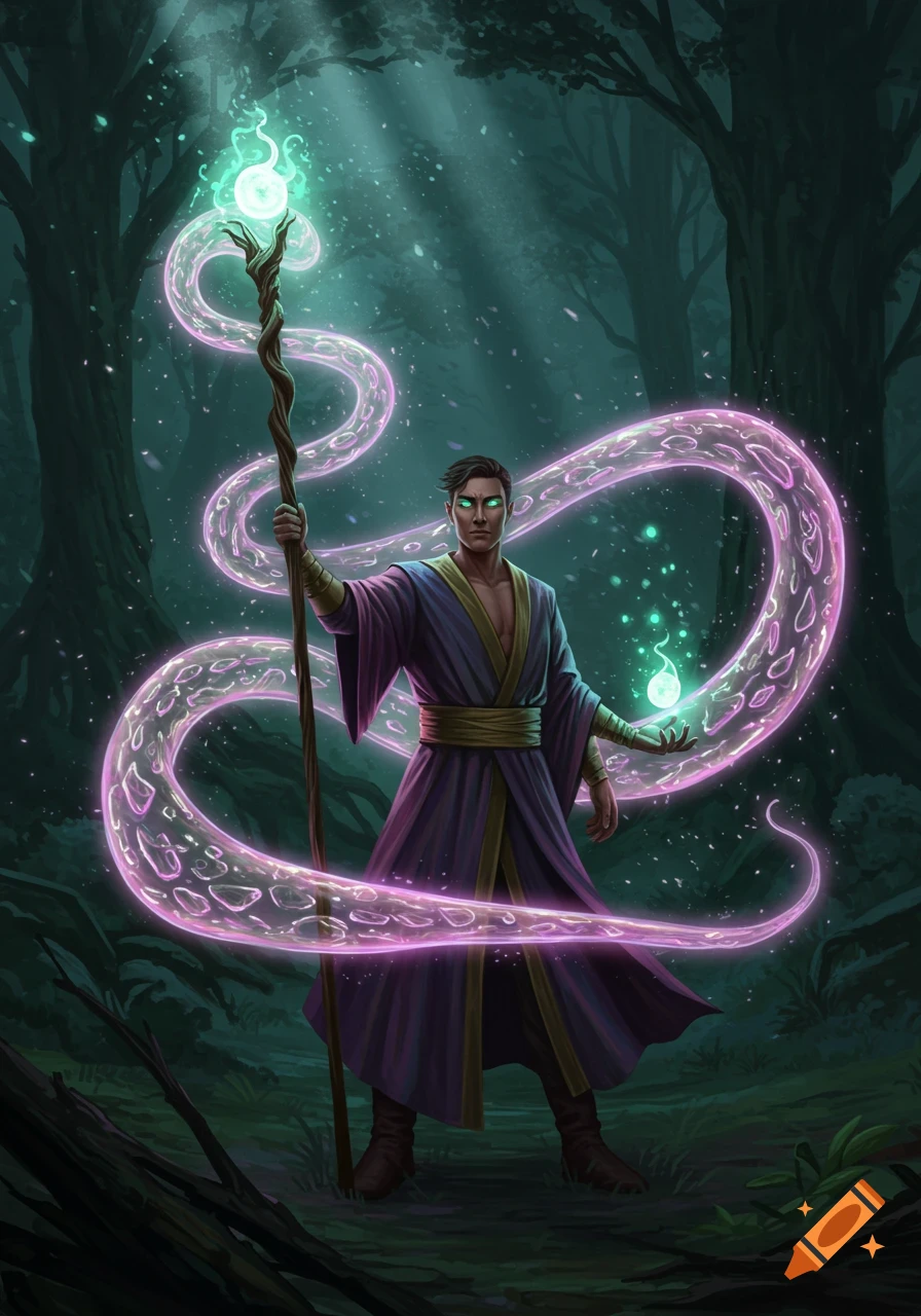 A male mage with glowing green eyes and a purple robe holds a staff and magic orb, surrounded by swirling pink energy in a dark forest.