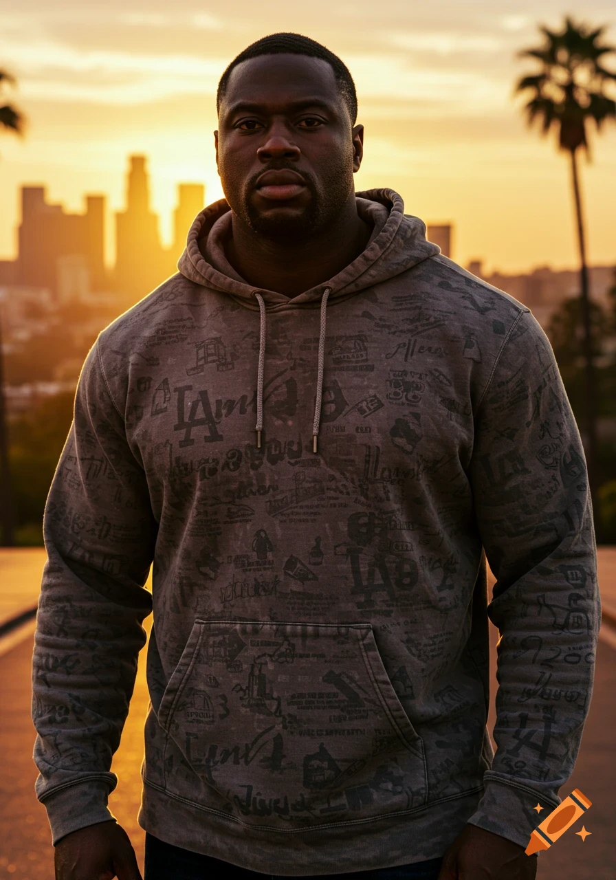 A Black man in a gray patterned hoodie stands before a blurred Los Angeles skyline at sunset with palm trees.