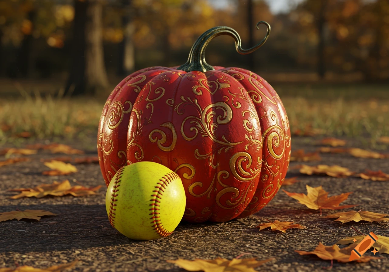 A red ornate pumpkin with gold patterns and a yellow softball sit on the ground with autumn leaves.