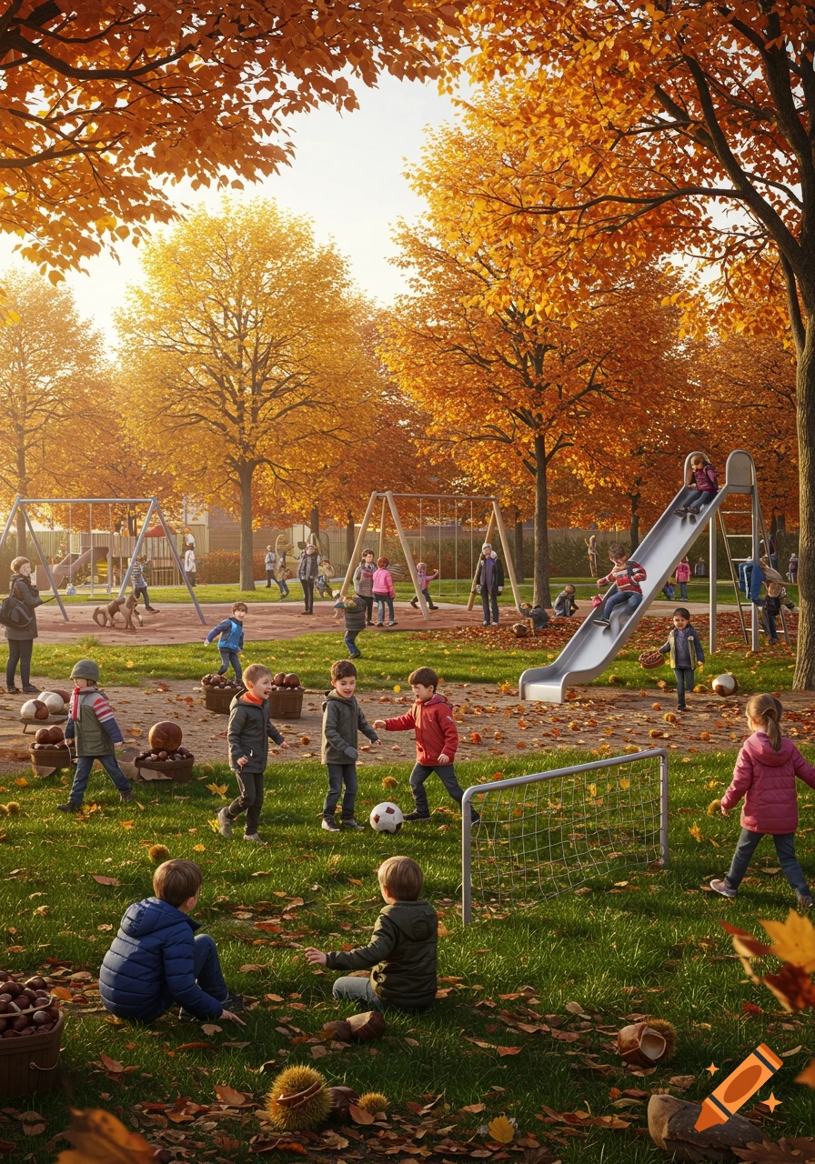 Children play soccer, slide, and gather chestnuts in a vibrant autumn park filled with golden trees.