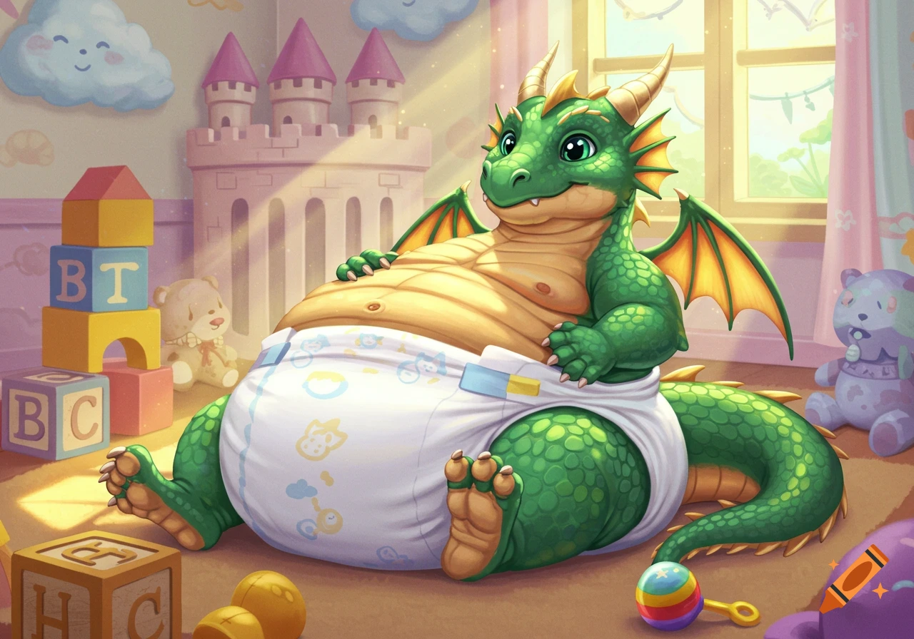 A cute, plump green cartoon baby dragon in a white diaper sits among colorful blocks and toys in a sunlit nursery.