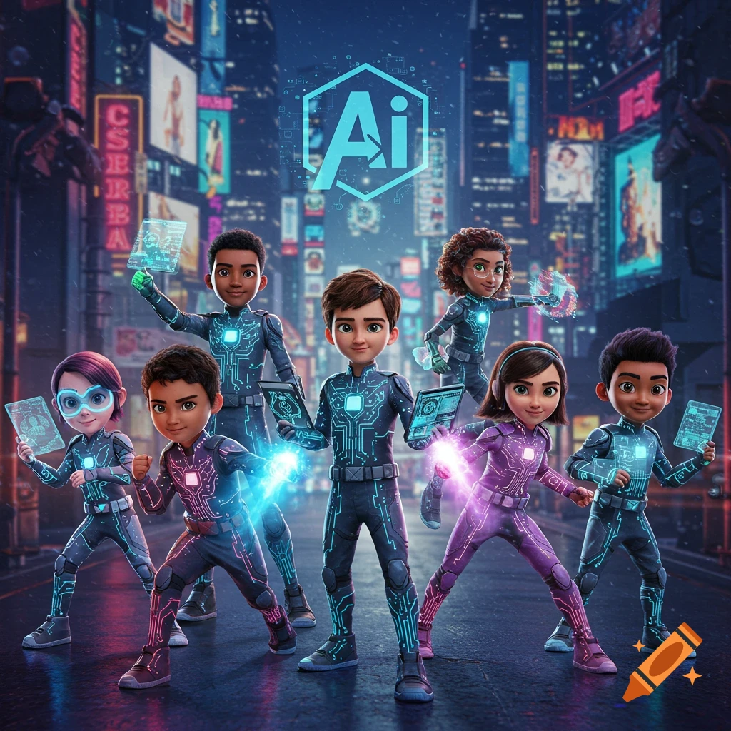 A team of diverse cartoon children in futuristic superhero suits with circuit patterns, holding glowing tablets, in a neon-lit city street with a large 'AI' logo.