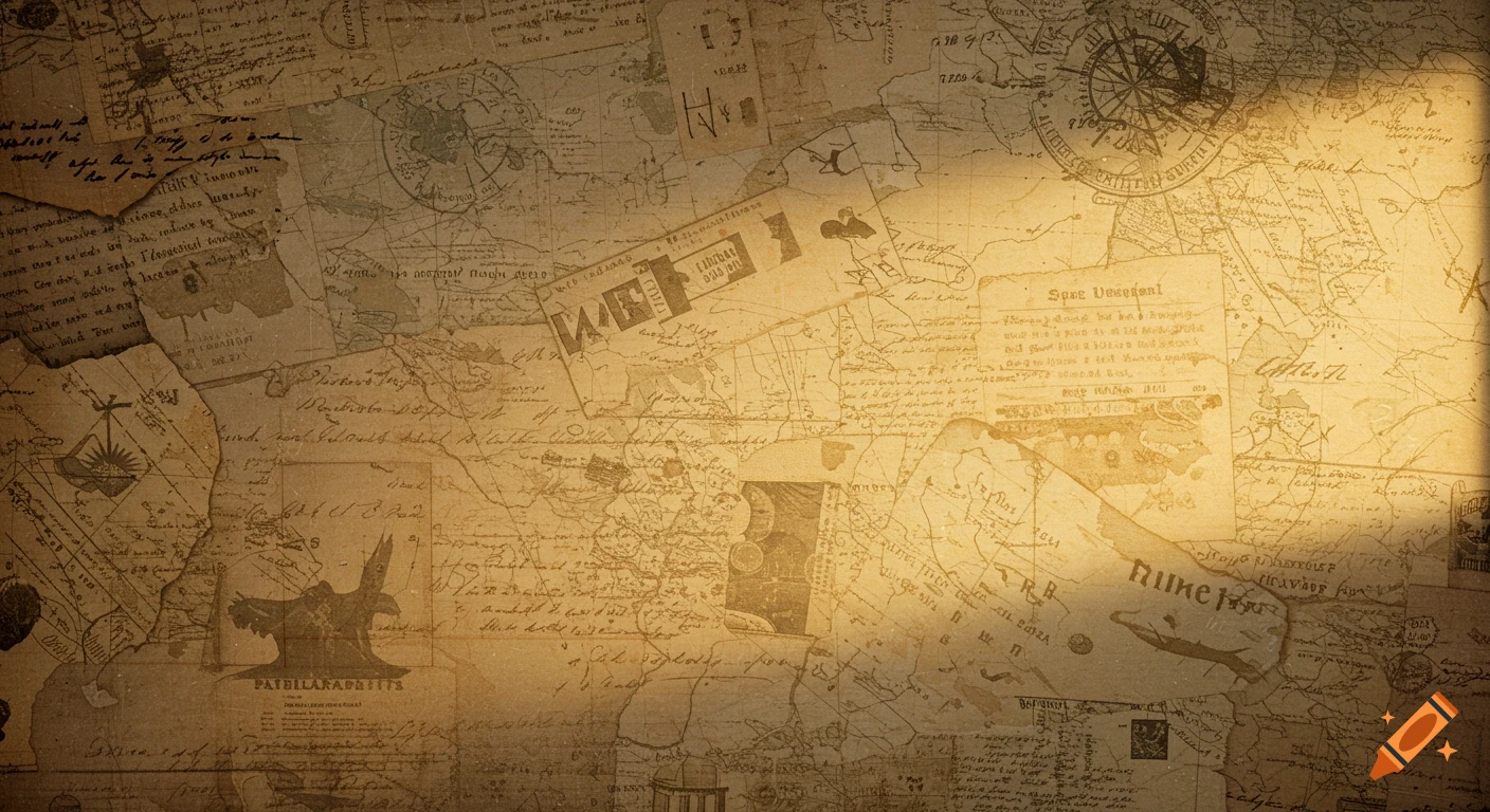 An aged, sepia-toned background composed of overlapping vintage maps, handwritten script, faded documents, and compass roses, evoking declassified files.