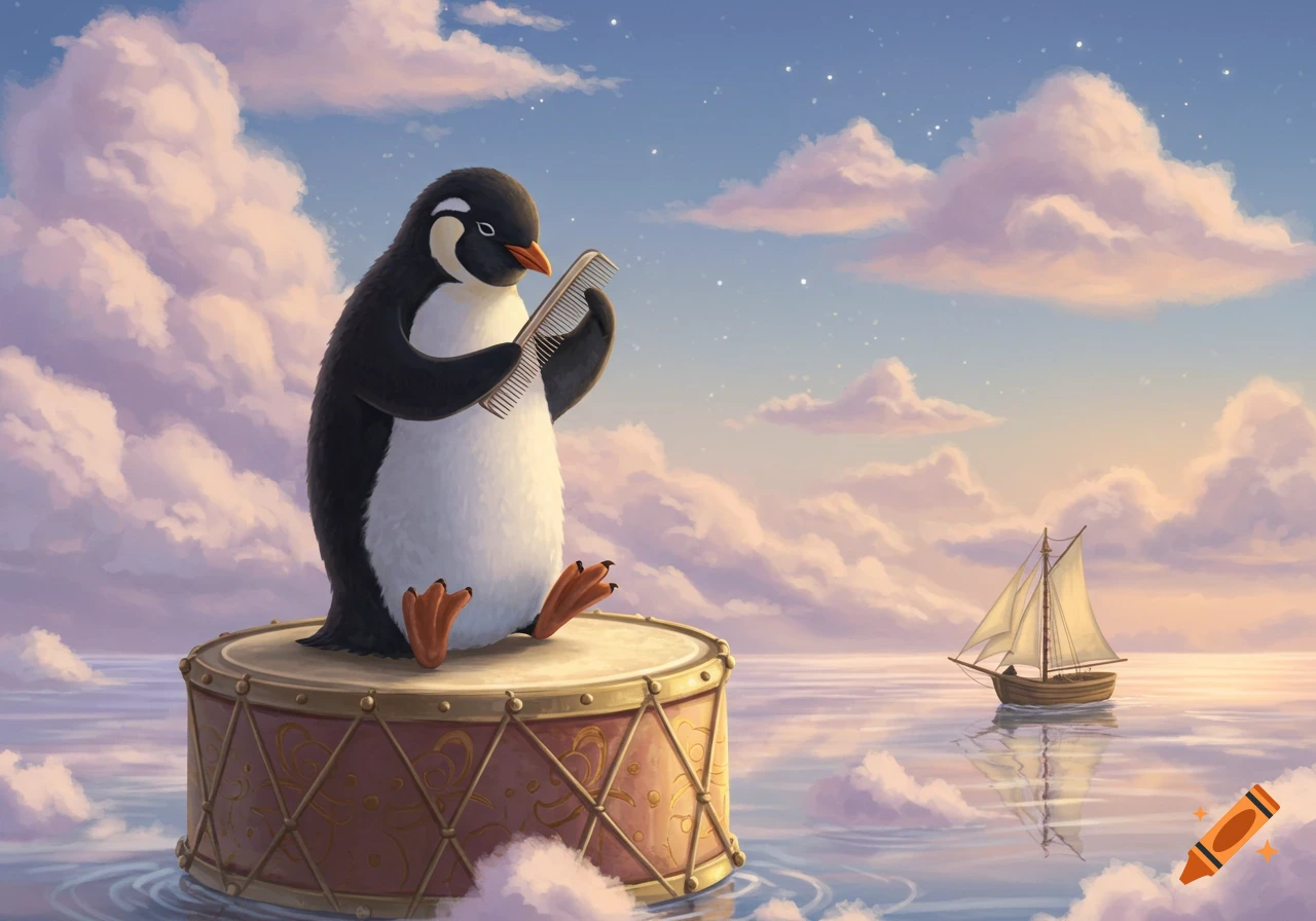 A whimsical illustration of a penguin combing its feathers, sitting on a drum floating on cloud-like water, with a sailboat in the distance.