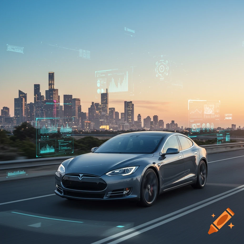 A grey Tesla sedan drives on a highway at sunset with a city skyline in the background, surrounded by futuristic holographic data displays.