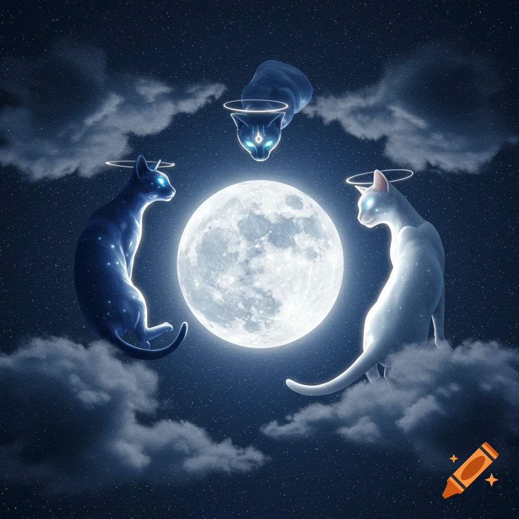 Three glowing, ethereal cats with halos surround a bright full moon in a star-filled, cloudy night sky.