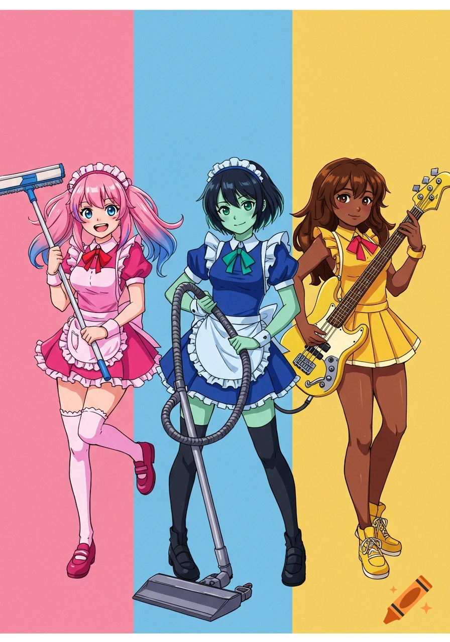 Three anime maid girls: one pink-haired with a mop, one green-skinned with a vacuum, and one brown-skinned with a bass guitar.