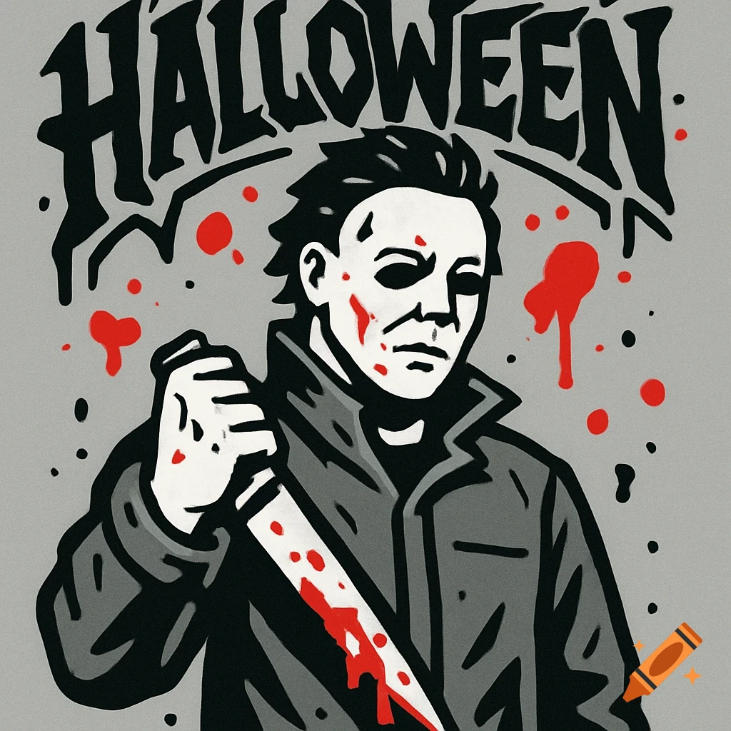 Stylized 2-D graffiti illustration of Michael Myers holding a bloody knife, with blood splatters and "HALLOWEEN" text above.