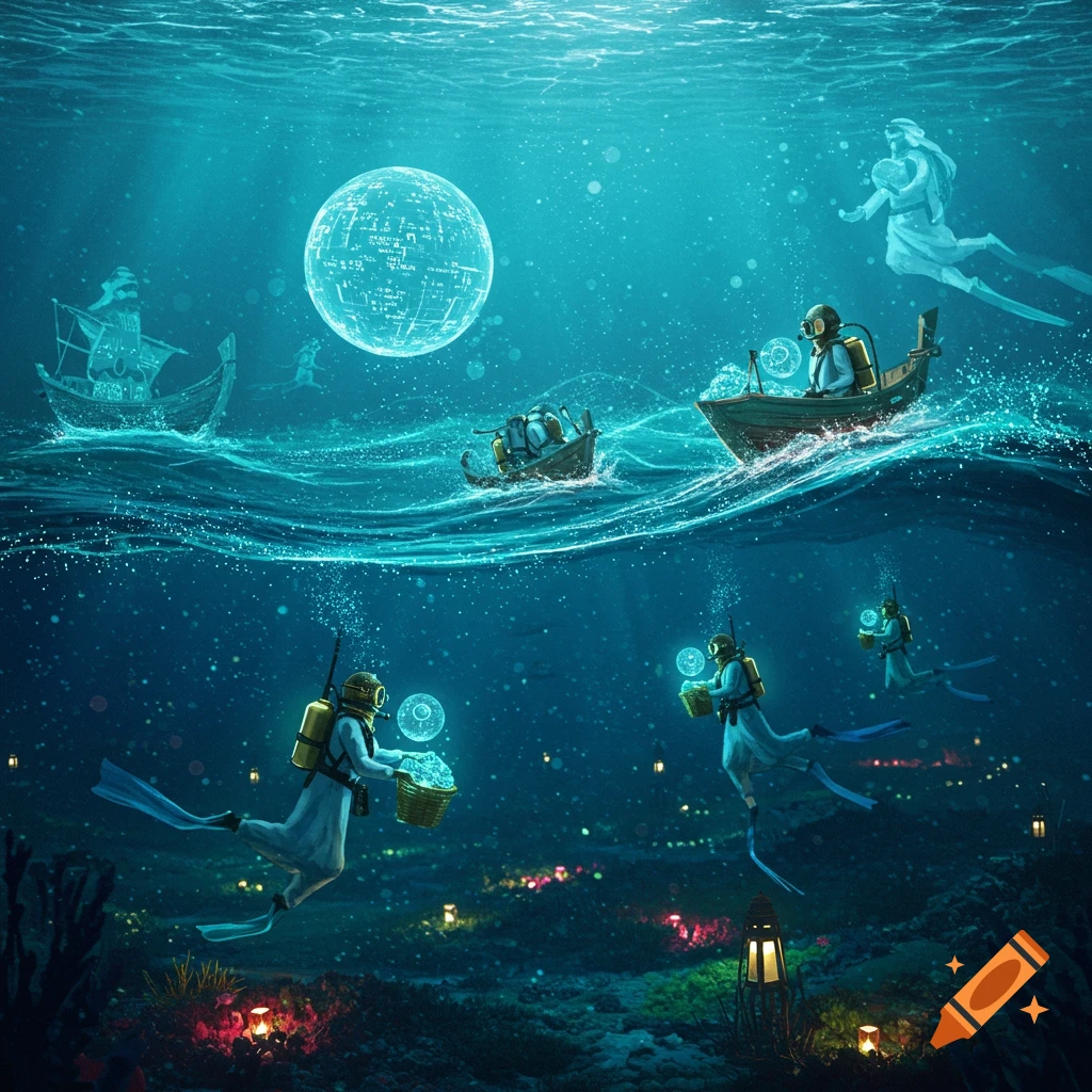 Futuristic Emirati pearl divers in traditional gear collect glowing digital pearls in an underwater data stream sea, surrounded by holographic dhows and glowing lights, in an ultra-detailed digital art style.