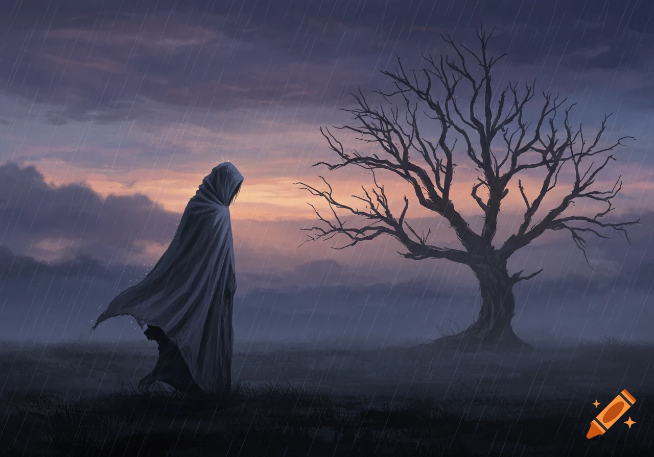 A hooded figure in a cloak stands alone in the rain next to a bare tree under a twilight sky, dark fantasy art.