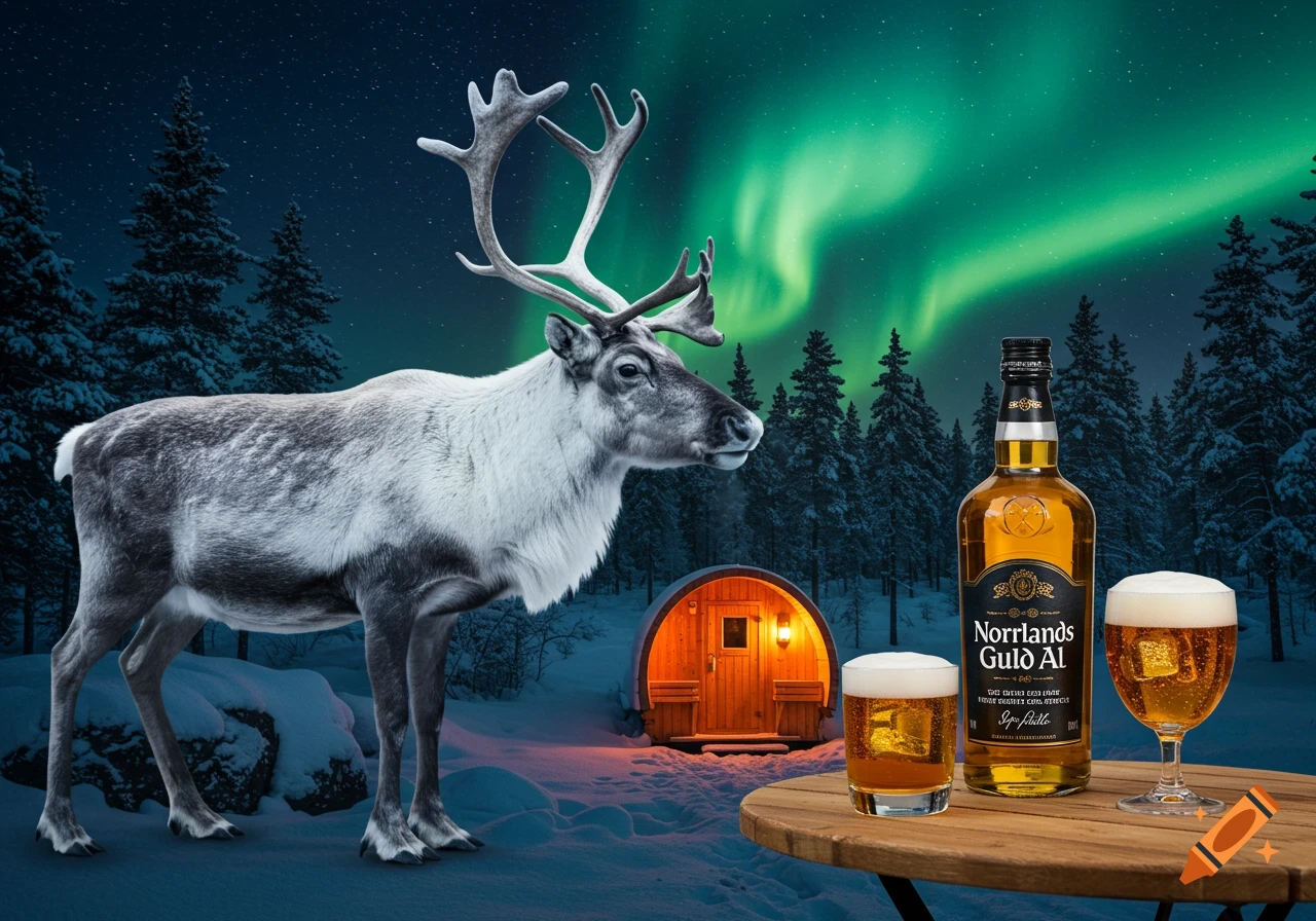 A majestic reindeer stands in a snowy Nordic landscape with pine trees and green aurora borealis. A bottle of Norrlands Guld Öl and two glasses of beer sit on a wooden table next to a glowing wooden sauna.