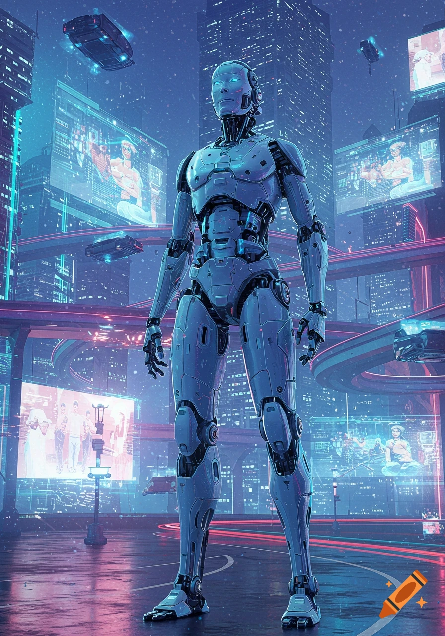 A humanoid robot stands in a neon-lit futuristic city at night with flying vehicles and large glowing screens.