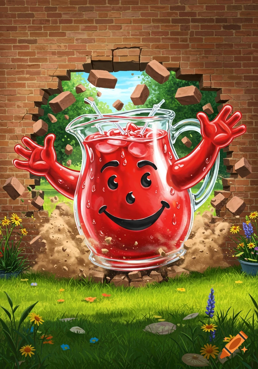 Cartoon illustration of the Kool-Aid Man bursting through a brick wall into a green garden.