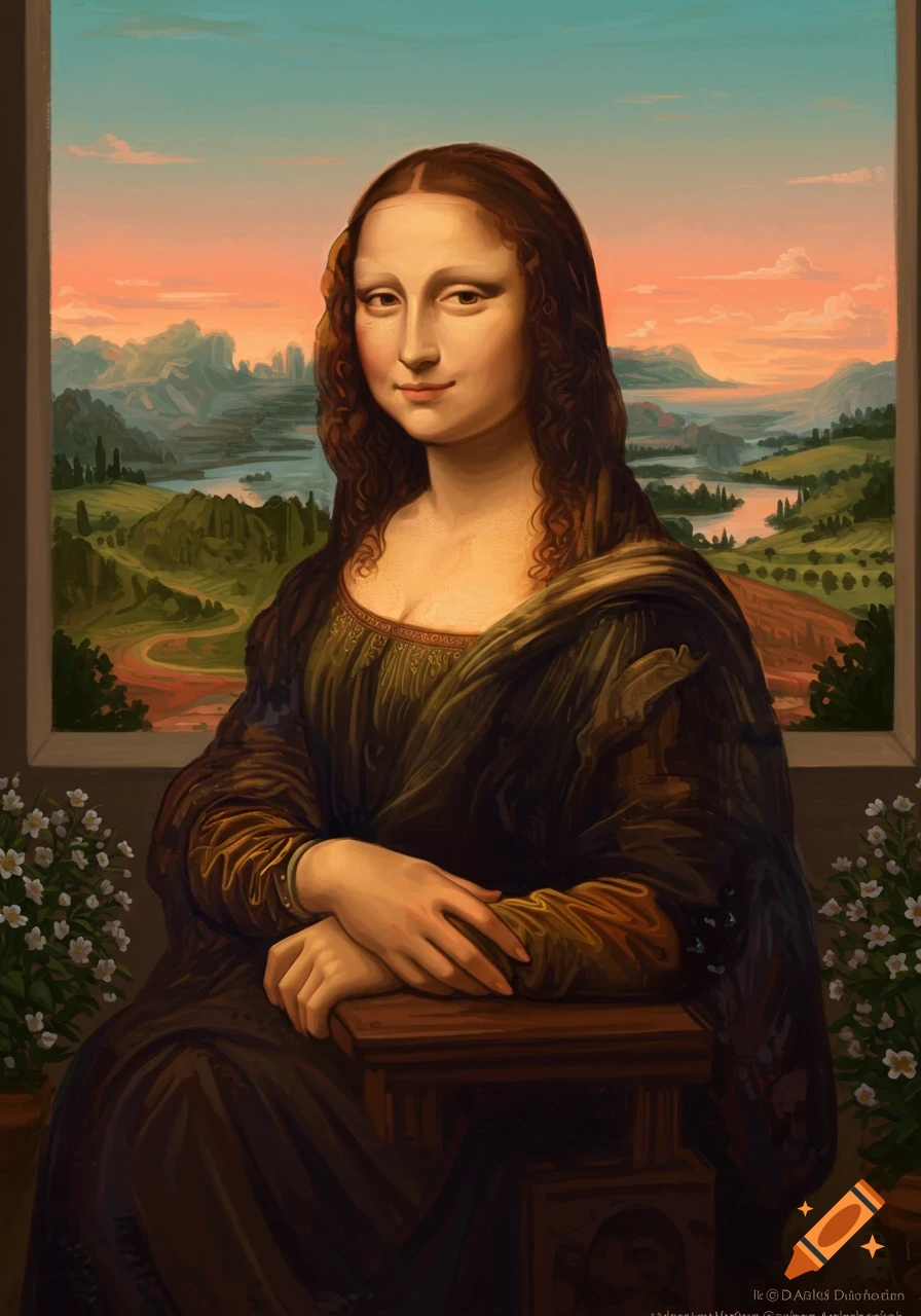 A stylized digital painting of the Mona Lisa, a woman with a slight smile, seated in front of a window overlooking a serene landscape at sunset.