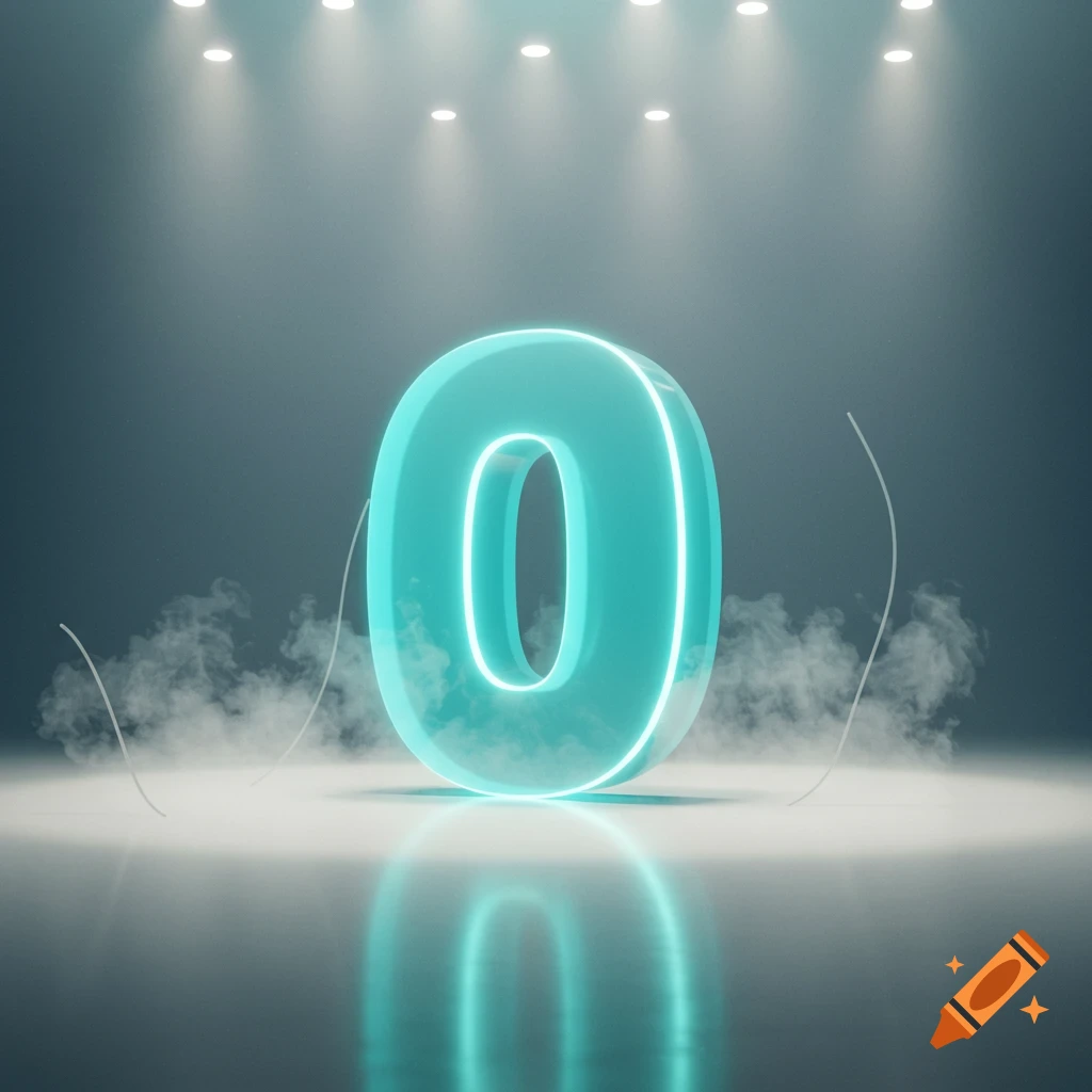 A large, glowing teal neon number zero stands on a smoky, reflective floor under spotlights.