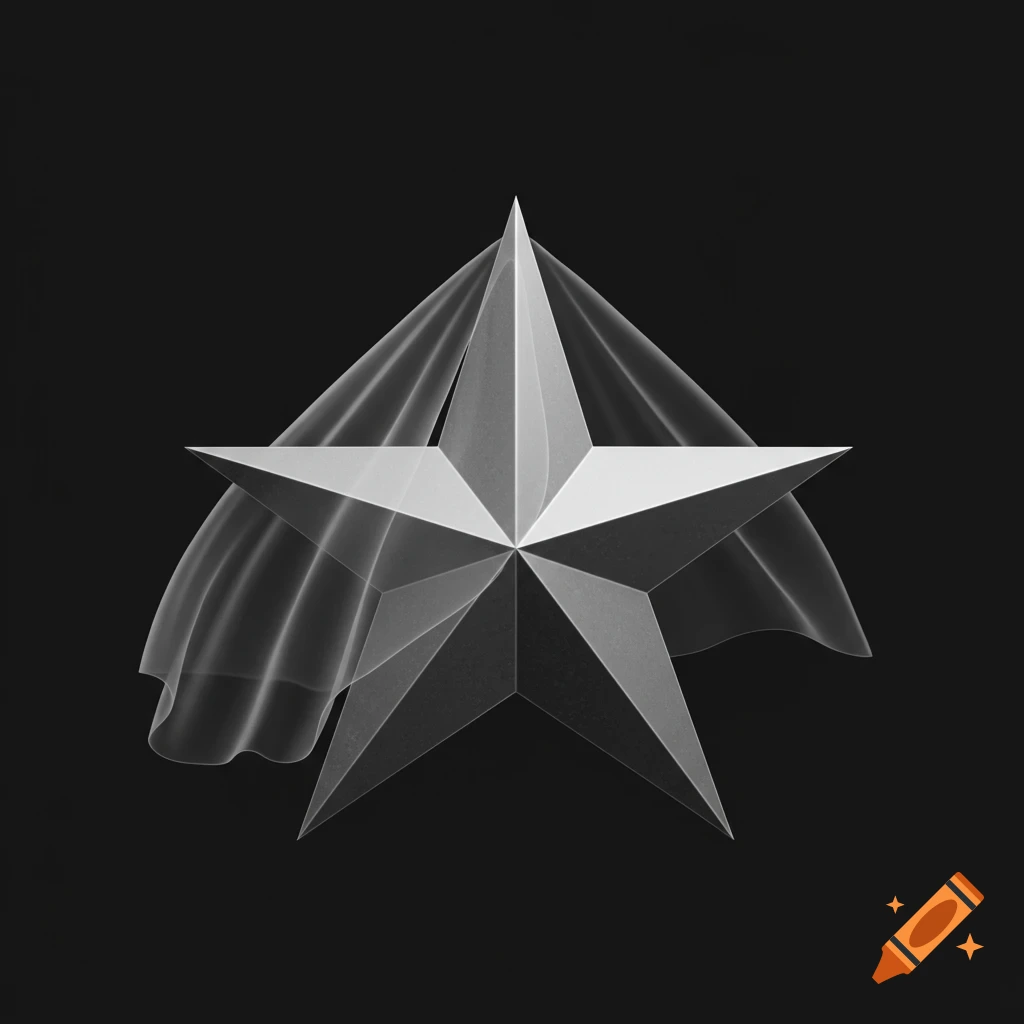 A silver seven-pointed star draped with a translucent veil on a black background in a minimalist, iconic style.