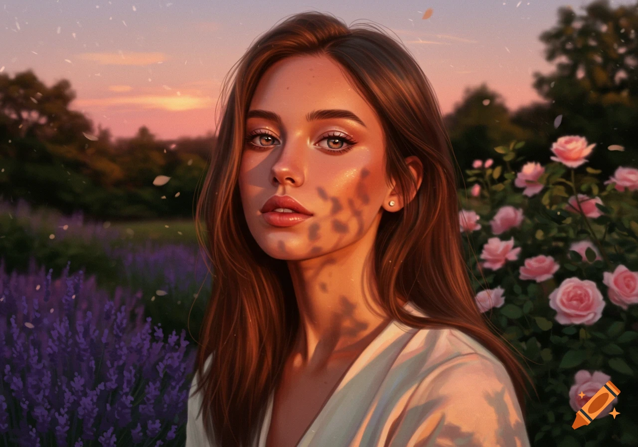 Digital painting of a beautiful woman with long brown hair in a lavender field at sunset, with pink roses.