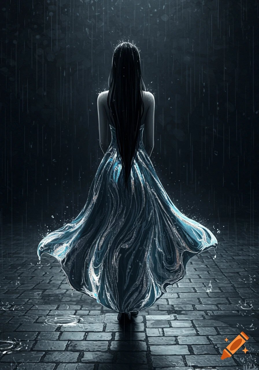 Woman with long dark hair, wearing a flowing blue and silver water-like dress, stands in the rain on a cobblestone path, back to viewer.
