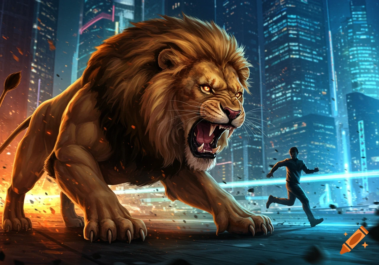 A giant roaring lion chases a person through a futuristic city at night, digital art.