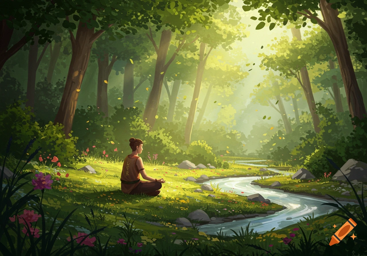 A person sits in a meditation pose in a sunlit forest, next to a winding stream.