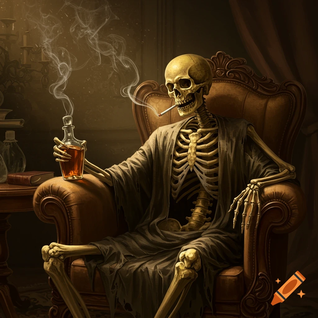 A detailed illustration of a skeleton in a tattered robe sitting in a grand armchair, smoking a cigarette and holding a bottle of liquor.