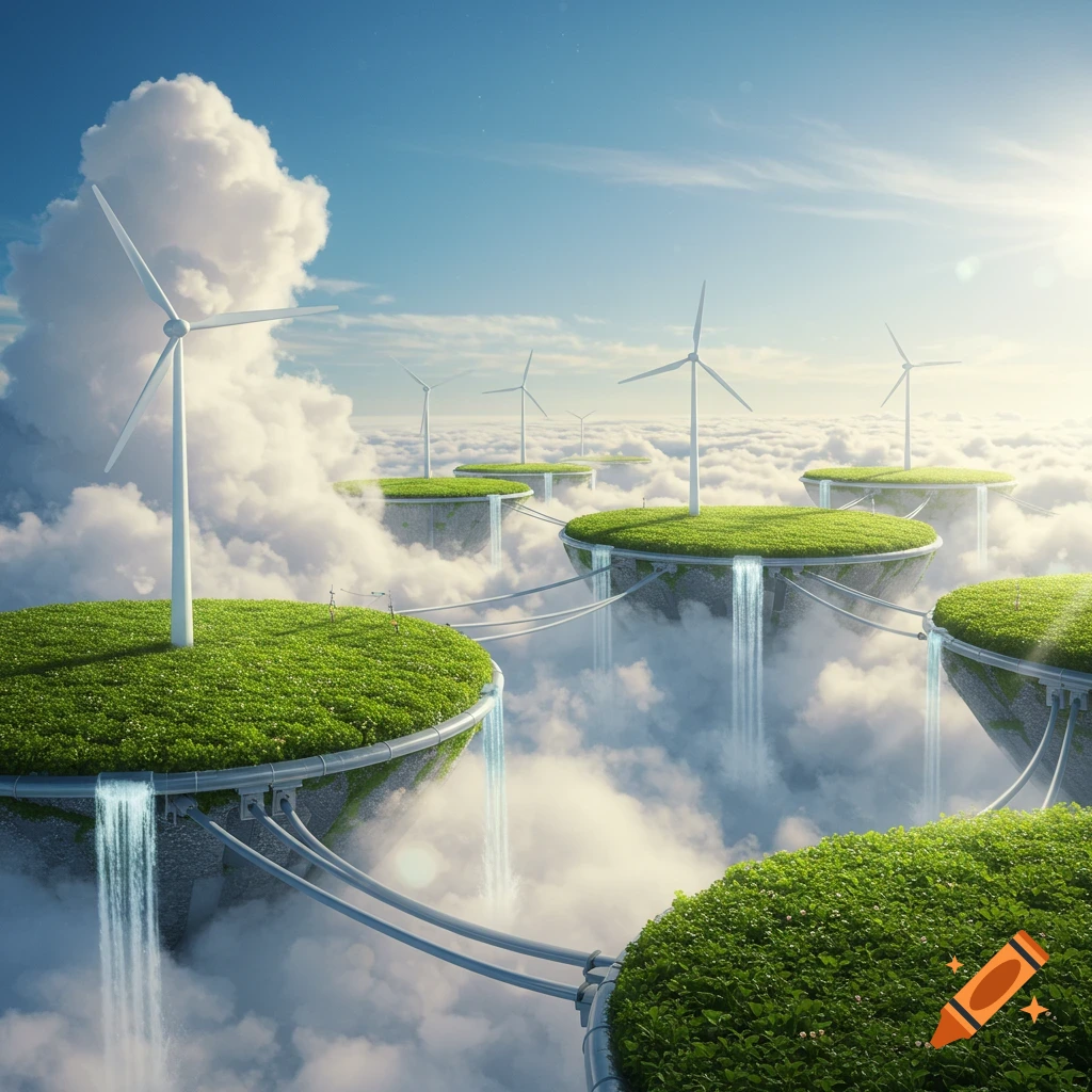 Floating green islands with wind turbines and waterfalls above clouds under a blue sky, connected by pipes.