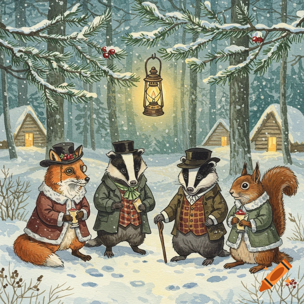 Watercolor illustration of a fox, two badgers, and a squirrel in vintage winter coats, holding mugs in a snowy forest under a lantern.