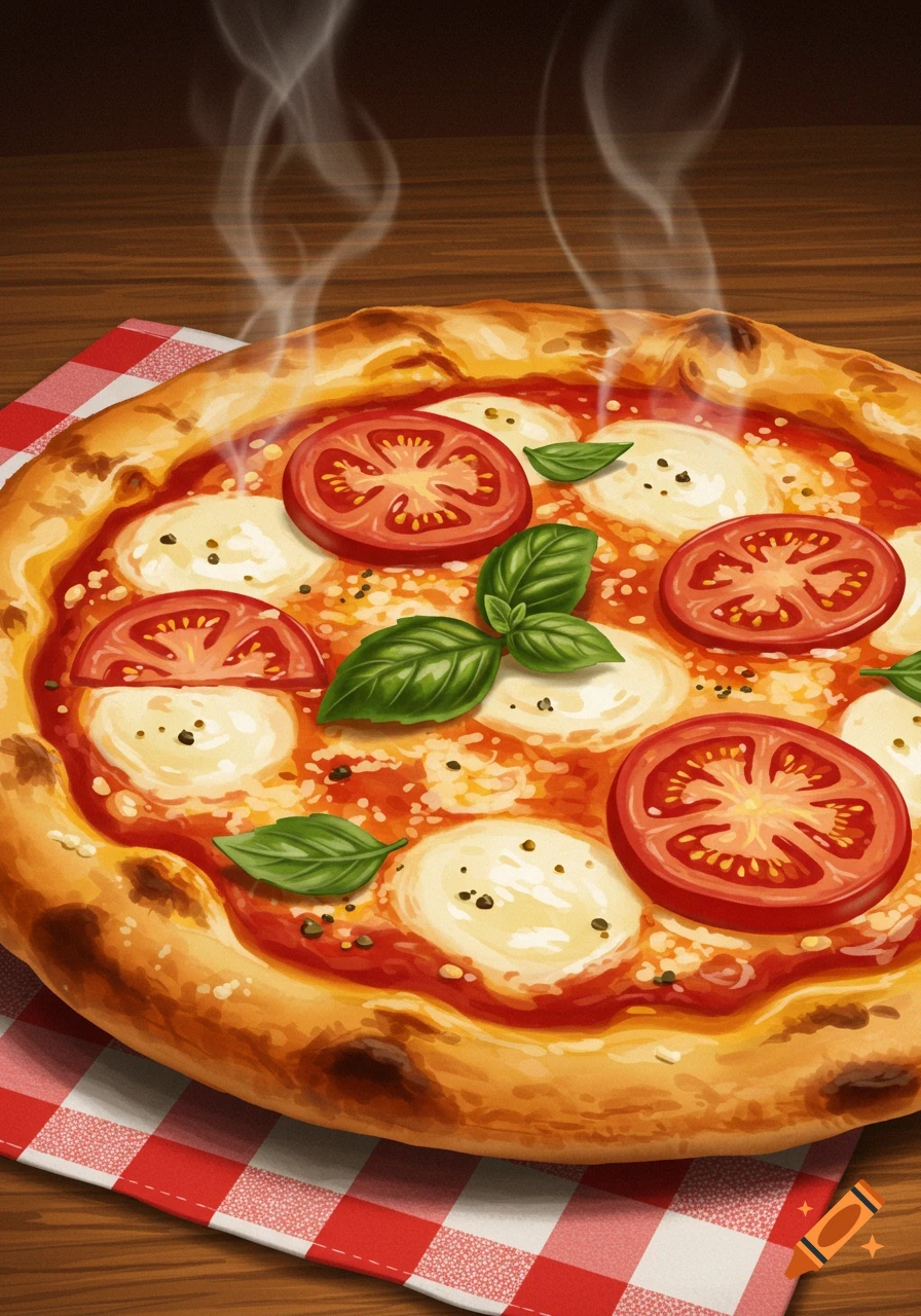 Stylized illustration of a steaming hot pizza margherita with fresh tomatoes, mozzarella, and basil leaves on a red checkered tablecloth.