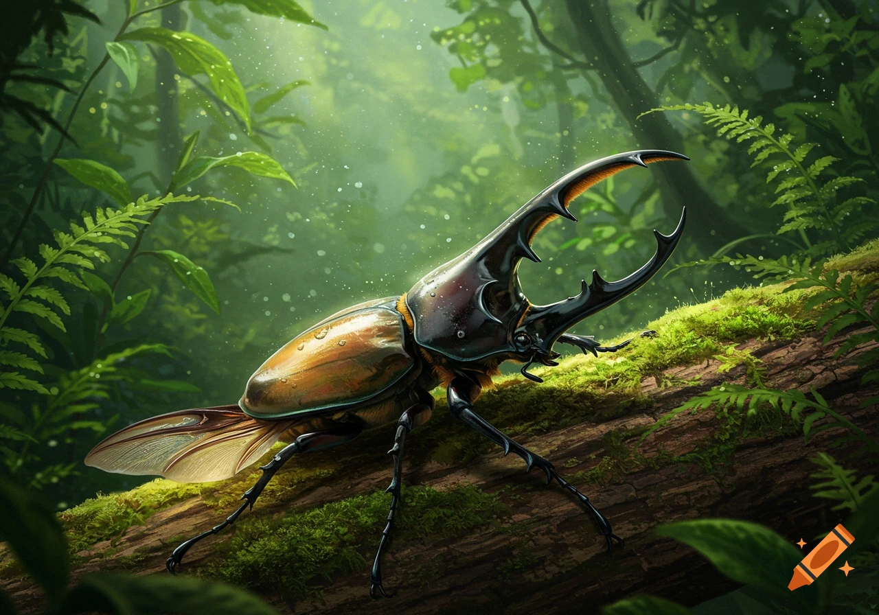 A detailed, realistic illustration of a Hercules beetle with four horns and metallic rainbow wing covers on a mossy log in a lush, green jungle.