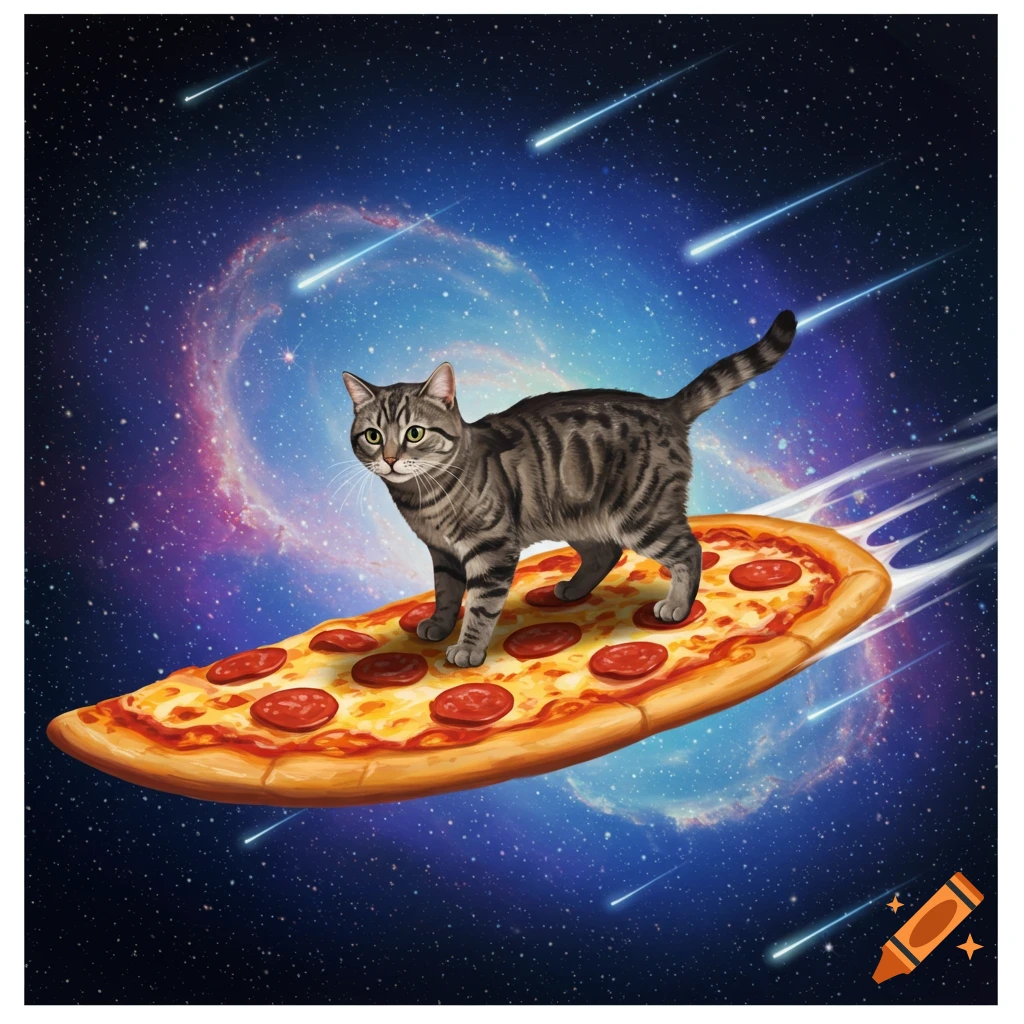 A tabby cat surfs on a pepperoni pizza flying through a vibrant galaxy with shooting stars.
