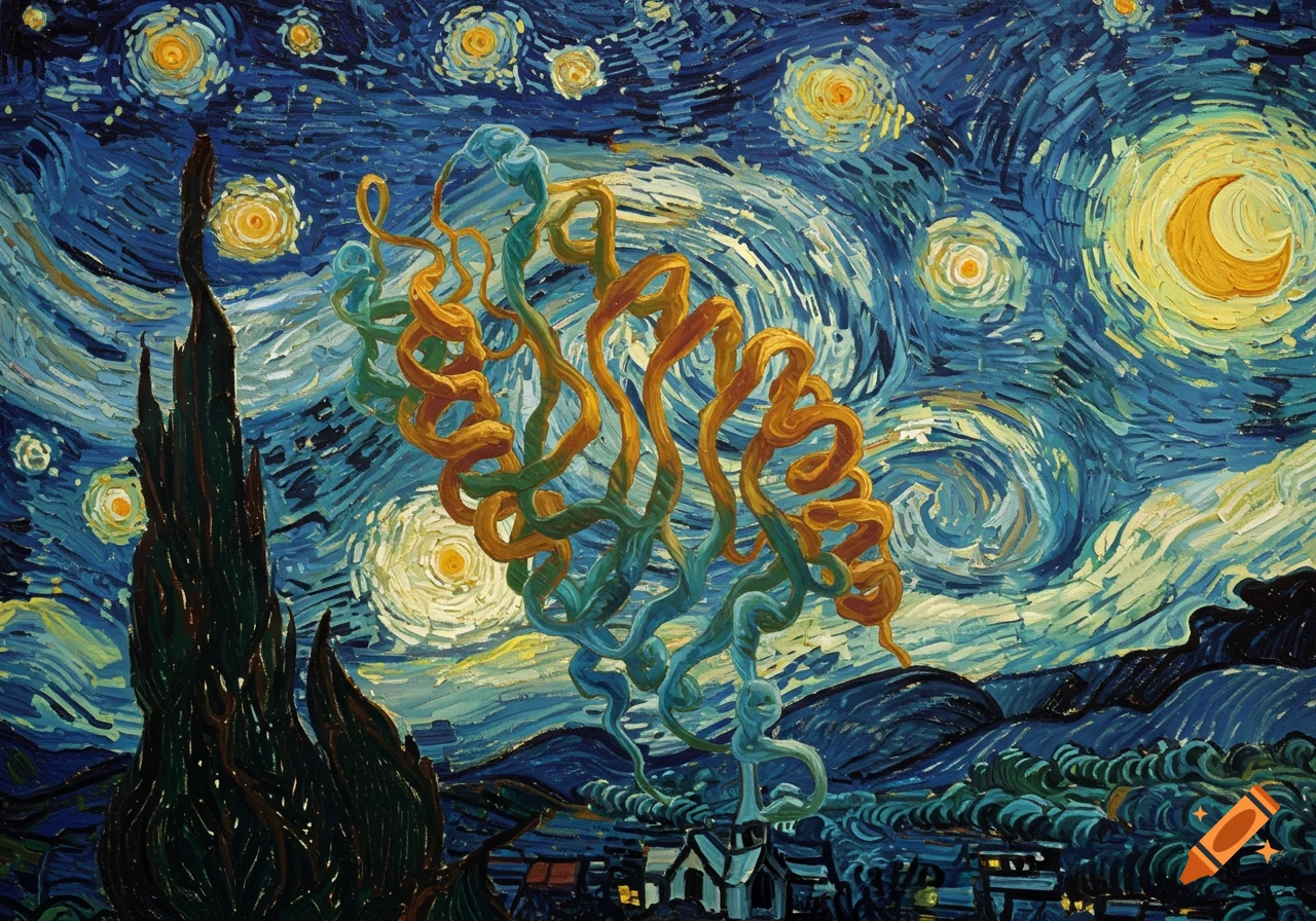 Painting in Van Gogh's style depicting a swirling starry night sky over a village with a cypress tree, featuring a large, colorful, abstract ribosome.