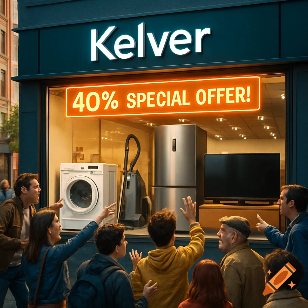 A photorealistic street scene with several excited people pointing at appliances in a glowing store window display of "Kelver" store, with a "40% SPECIAL OFFER!" sign.