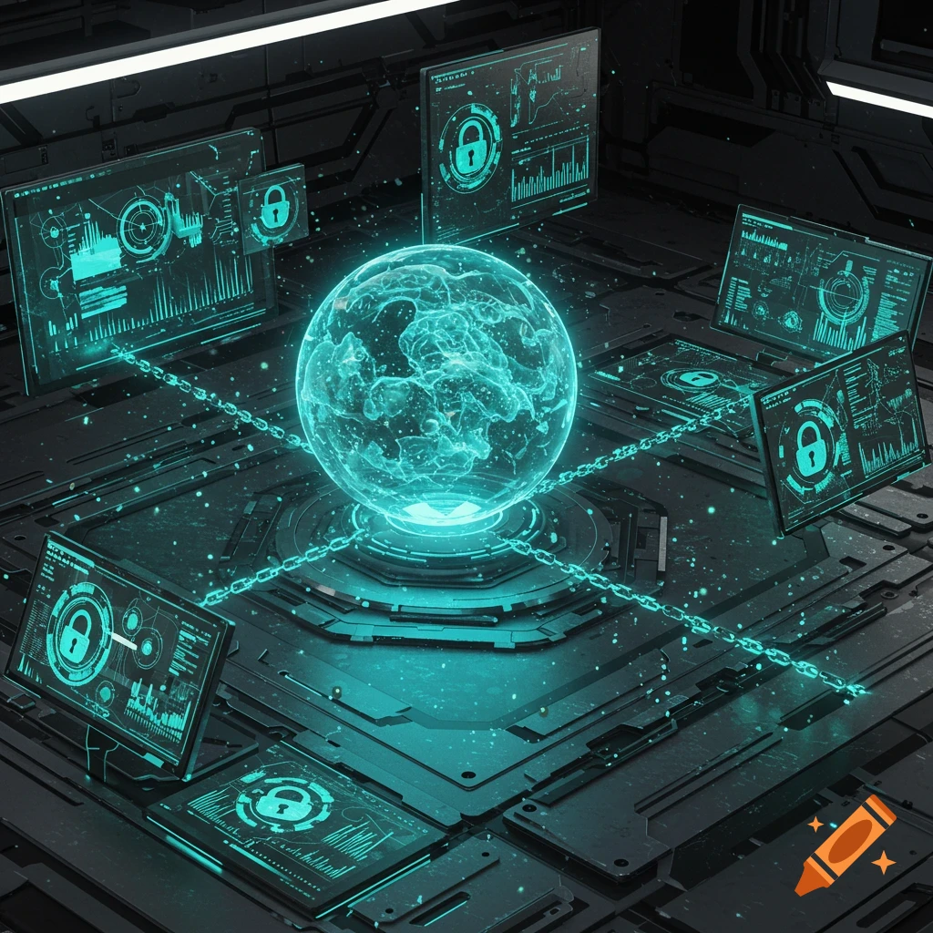 A glowing blue energy orb chained to a futuristic dark metallic platform, surrounded by translucent screens displaying digital data and padlock icons.