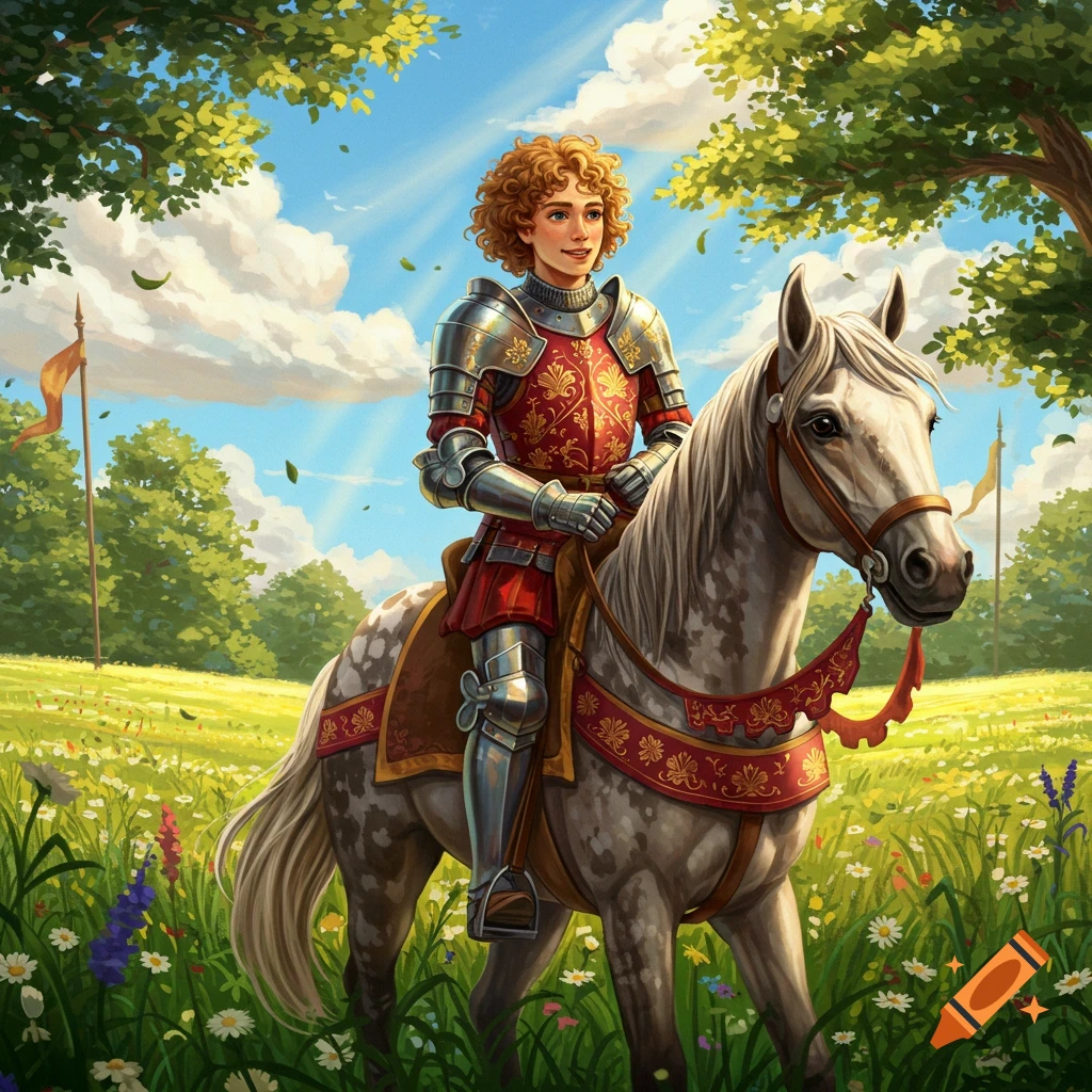 A young squire with curly hair in ornate red and silver armor rides a dappled horse through a sunny, flower-filled meadow.