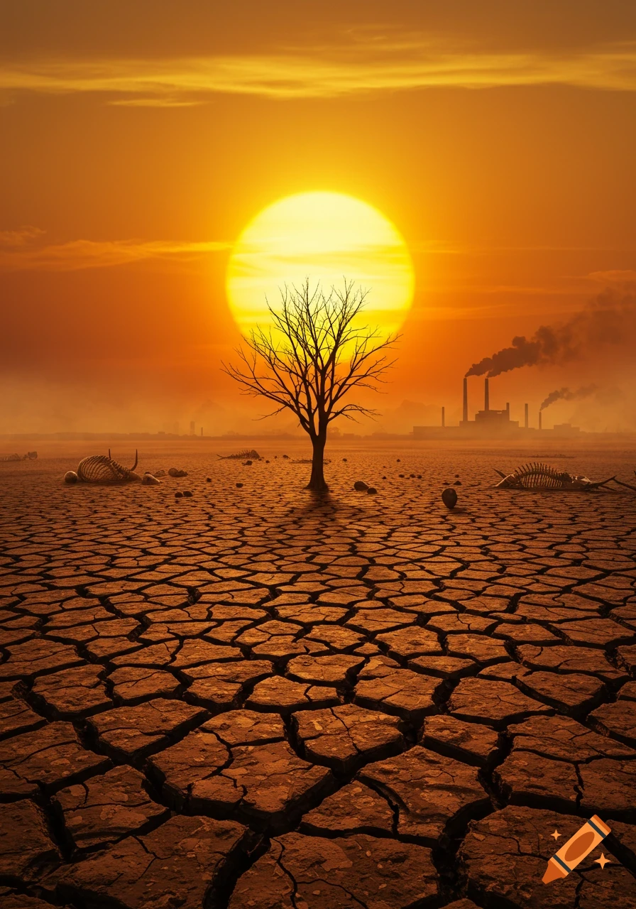 Cracked desert earth with a dead tree, animal skeletons, and factories polluting under a large orange sun, symbolizing global warming.
