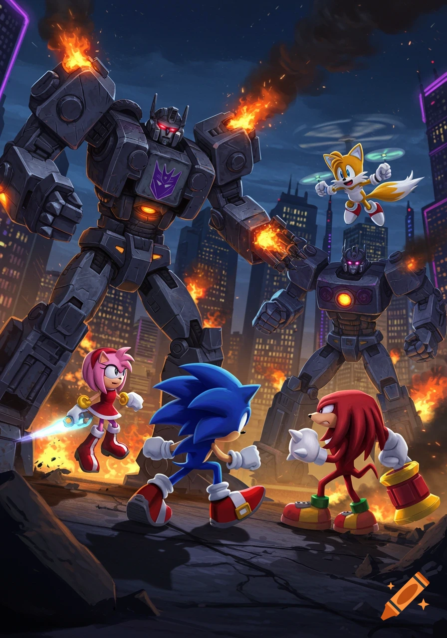 Sonic, Tails, Knuckles, and Amy battle two giant Decepticon robots amidst a burning city at night in an animated style.