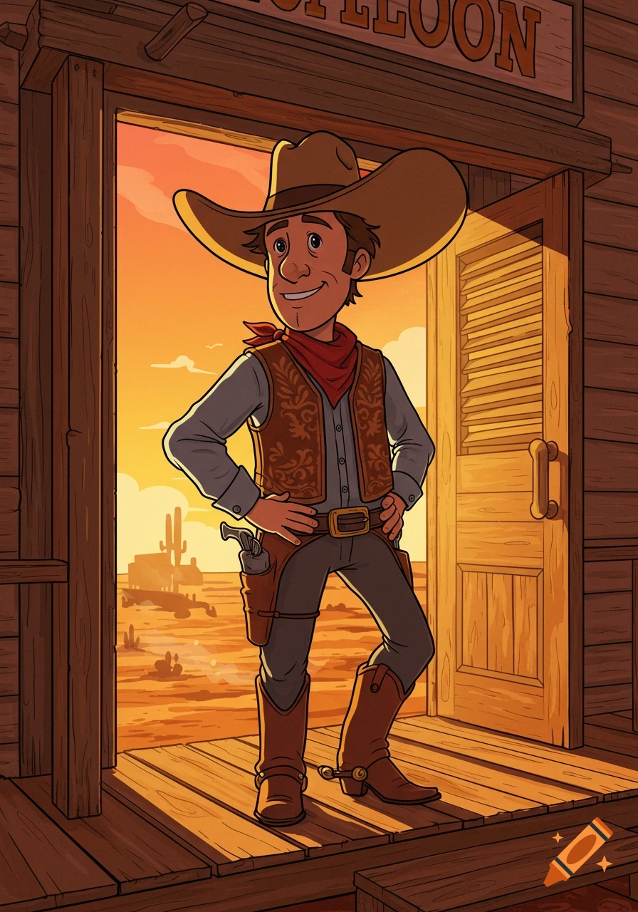 Smiling cartoon cowboy in a hat and vest stands in a saloon doorway, with a desert sunset and cacti in the background.