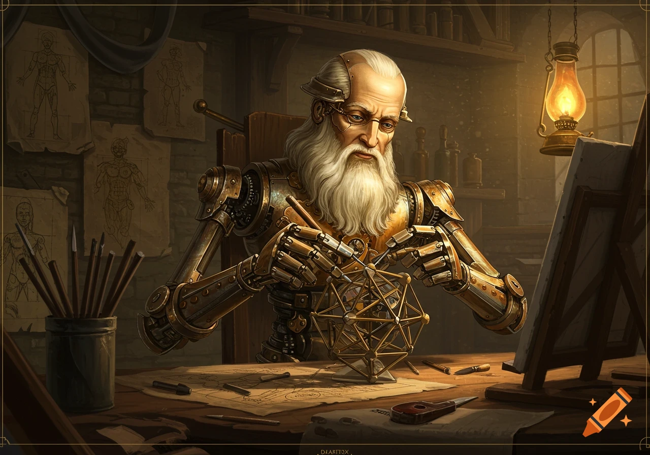 A steampunk automaton resembling Leonardo da Vinci meticulously assembles a complex geometric structure in a dimly lit art studio, depicted in an oil painting style.