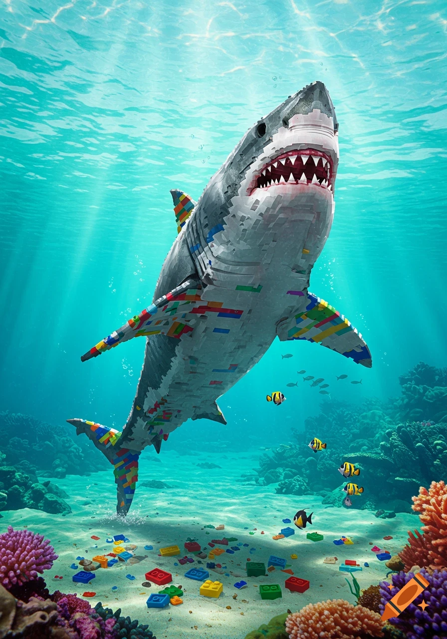 A large gray Lego shark with colorful fins swims in clear blue ocean water above a sandy seafloor covered in scattered Lego bricks and coral. Small fish are visible.