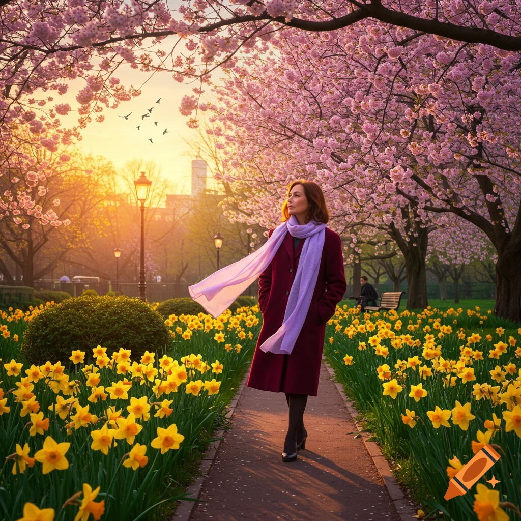 A woman in a maroon coat and lavender scarf walks on a path through a park filled with blooming yellow daffodils and pink cherry blossom trees at sunset.