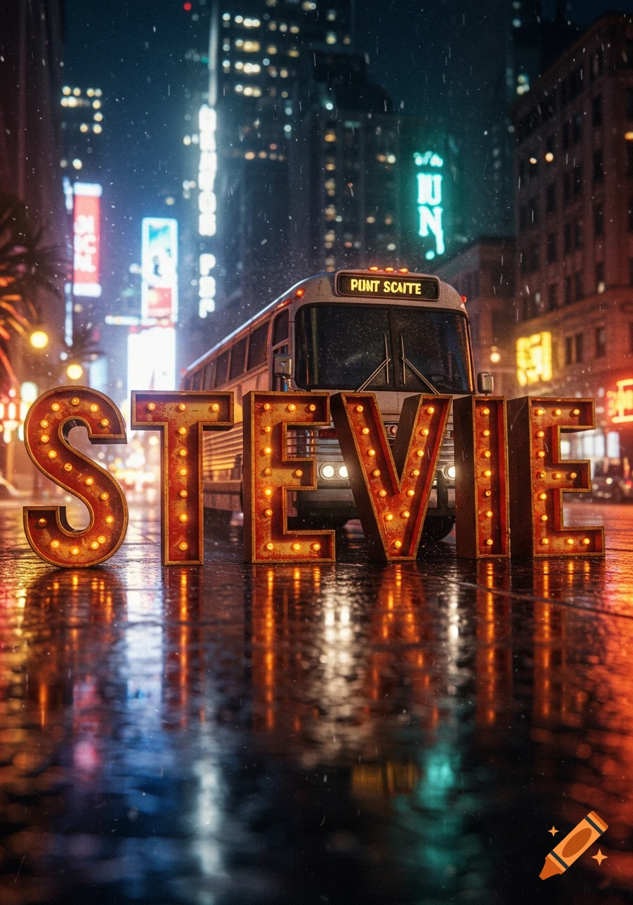Large marquee letters spelling "STEVIE" on a wet city street at night, with a coach bus behind them and glowing neon signs in the background. Rain falls, reflecting the lights.