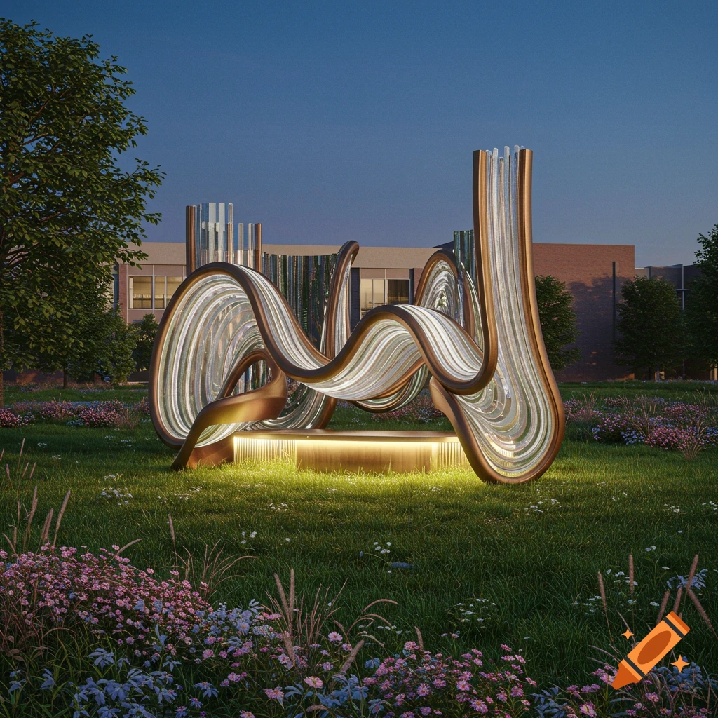 A modern, wavy metal and glass sculpture glows on a campus lawn with flowers at dusk.