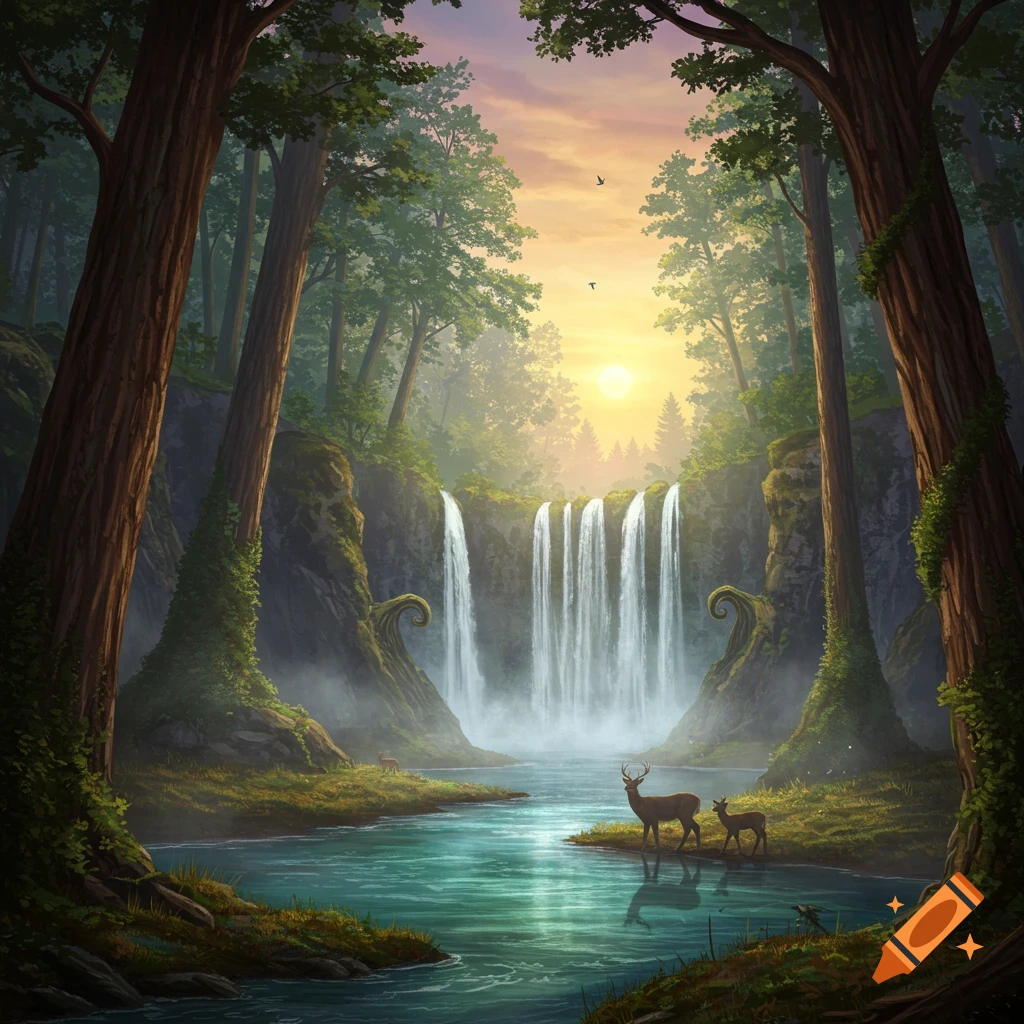 Illustrated fantasy landscape of a river flowing through a lush forest, with waterfalls, tall trees, deer, and a glowing sunset.