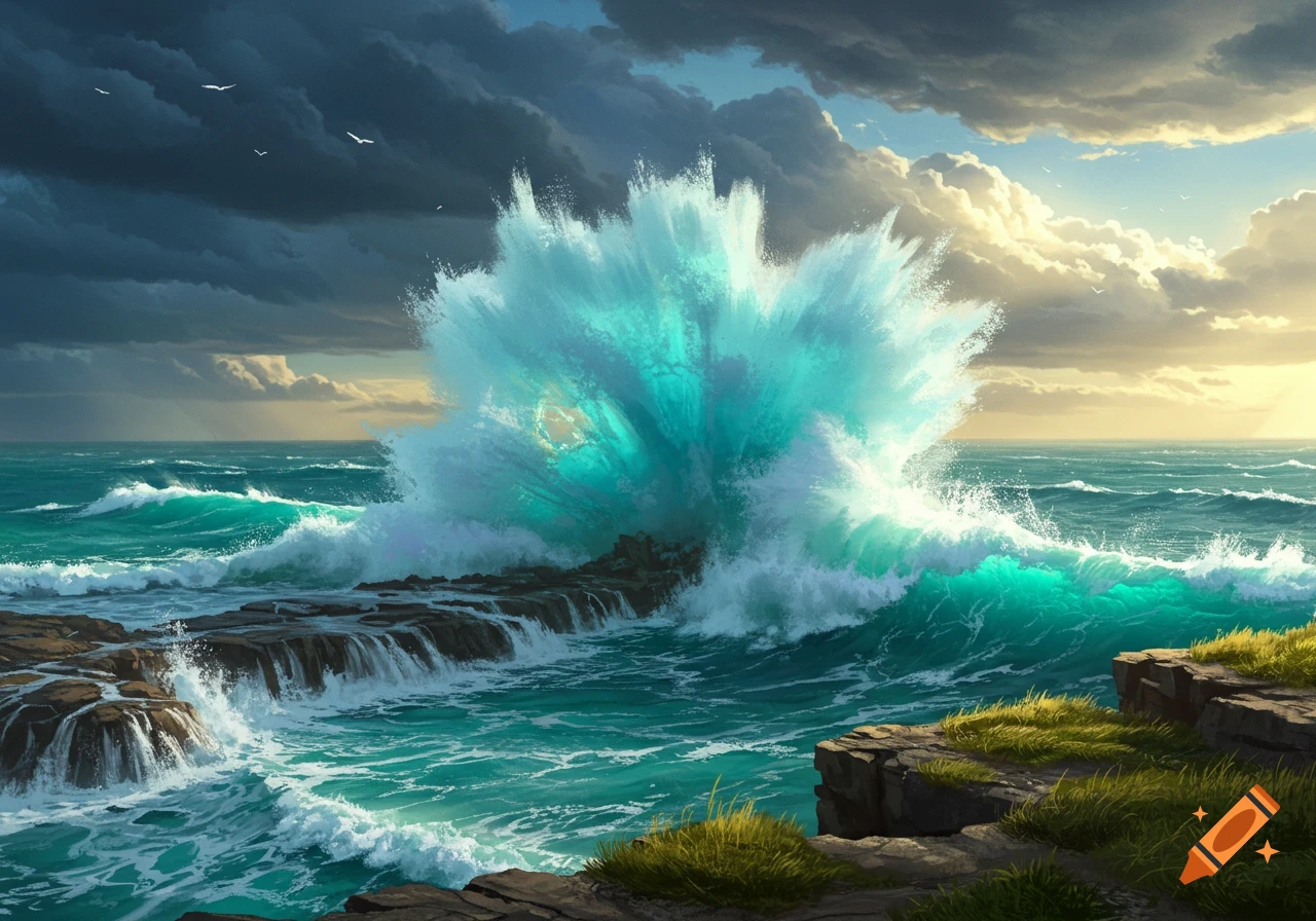 A large turquoise wave dramatically crashes against dark rocky outcroppings under a dynamic sky with both storm clouds and sunlight.