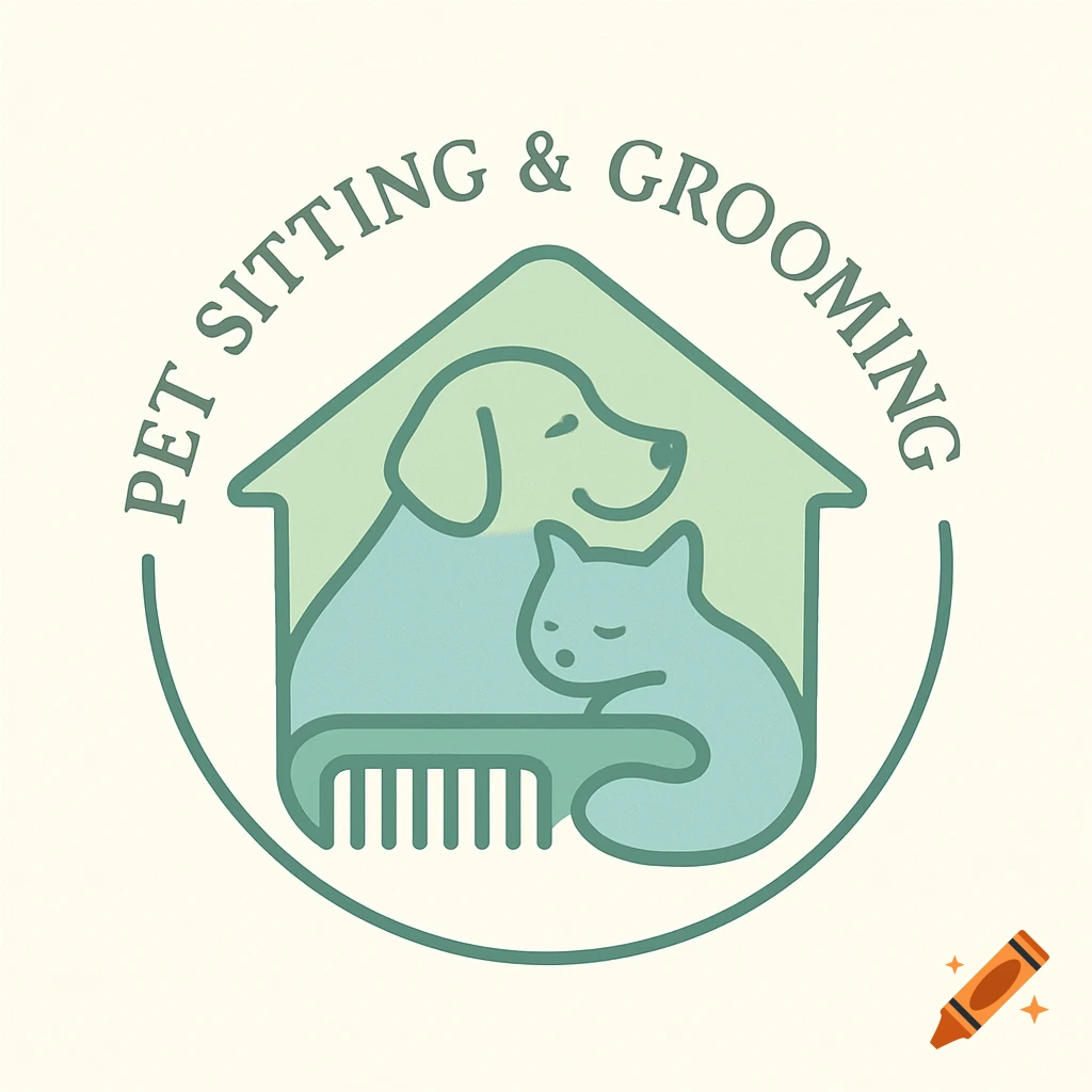 Minimalist logo for pet sitting and grooming services, featuring a dog and cat inside a house with a comb, and text 'PET SITTING & GROOMING'.
