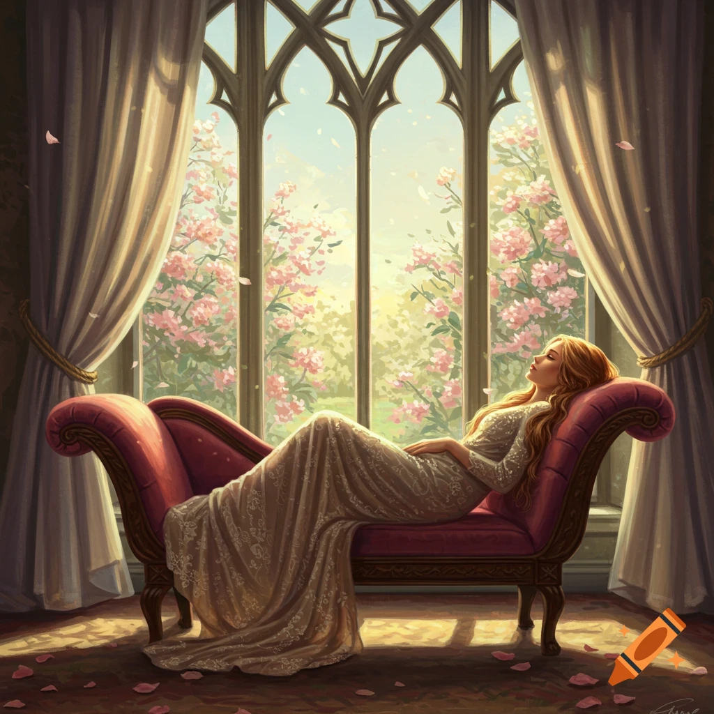 A woman in a flowing dress lies on a chaise lounge before a gothic window, overlooking a sunlit garden with pink blossoms in a painted style.