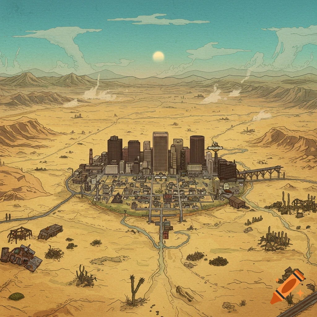 A detailed, stylized pictorial map of a desert city skyline surrounded by a vast wasteland with mountains and dilapidated structures.